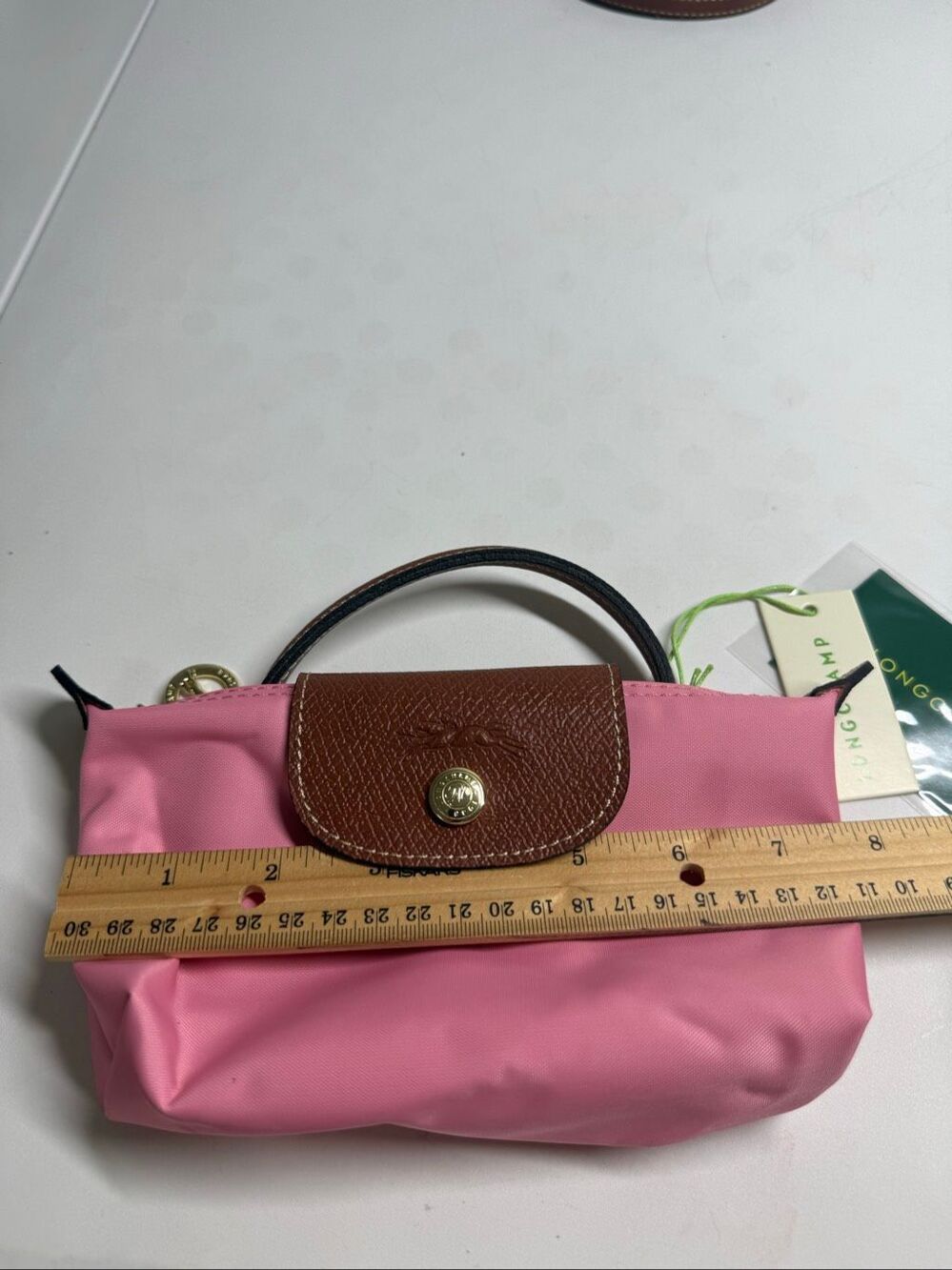 Longchamp Mini Le Pliage Nylon Guimauve Blush Pink Brown Top Handle Bag + Strap - Picture 13 of 14
